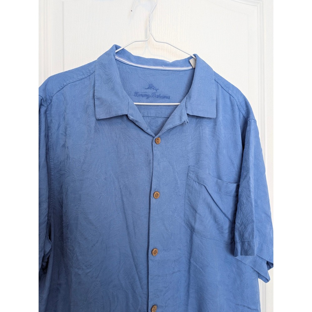 Tommy Bahama Mens XL Blue Tropical Jacquard Silk Blend Camp Shirt Short Sleeve